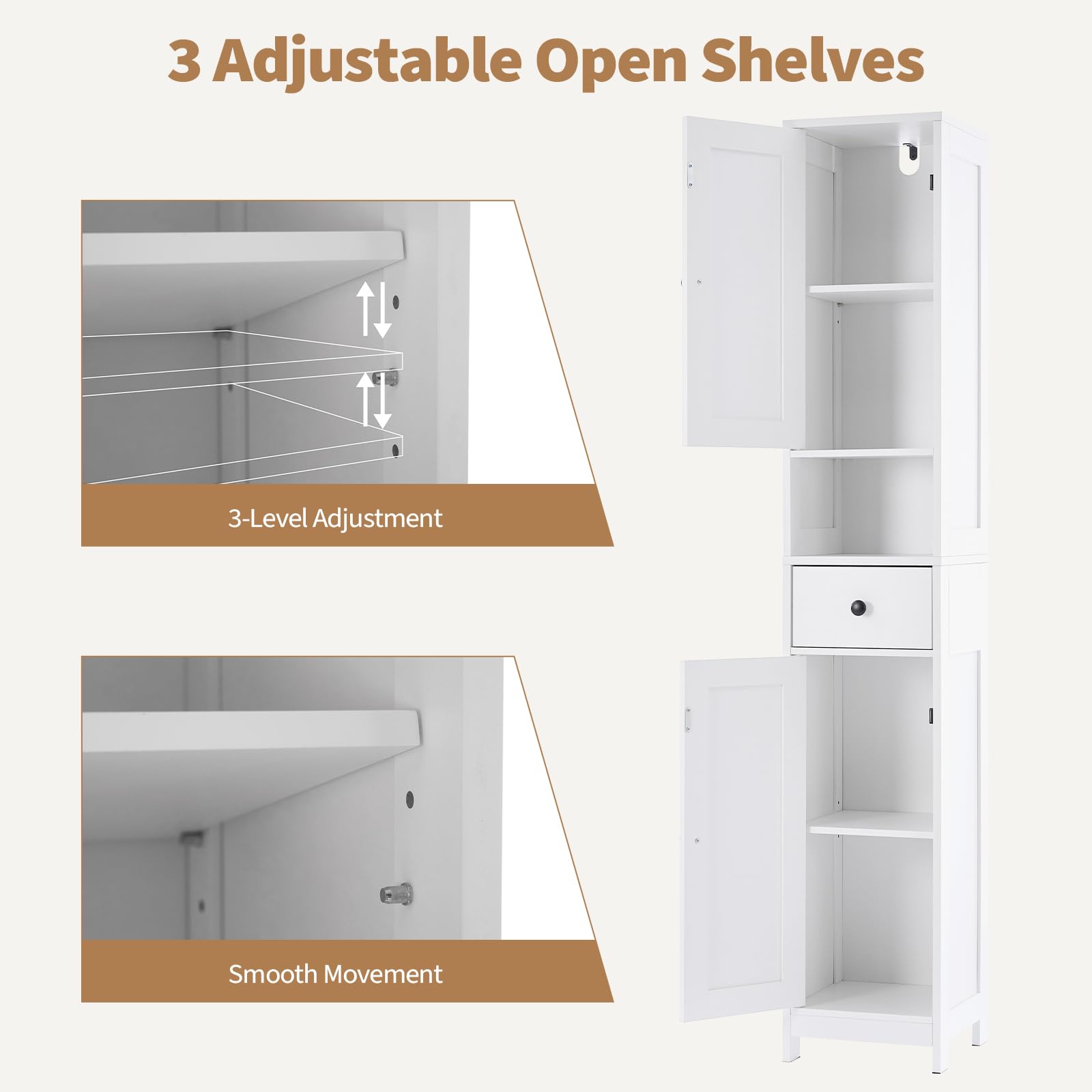 Armoire de salle de bain haute Garvee avec 2 étagères réglables, autoportante, en MDF durable, design blanc moderne, gain de place pour salle de bain et cuisine