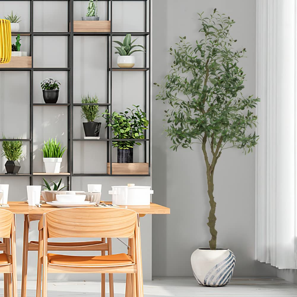 Olivier artificiel Garvee de 210 cm (7 pieds) avec feuilles et fruits réalistes, idéal pour la décoration du salon, de la chambre ou du bureau. Vert.