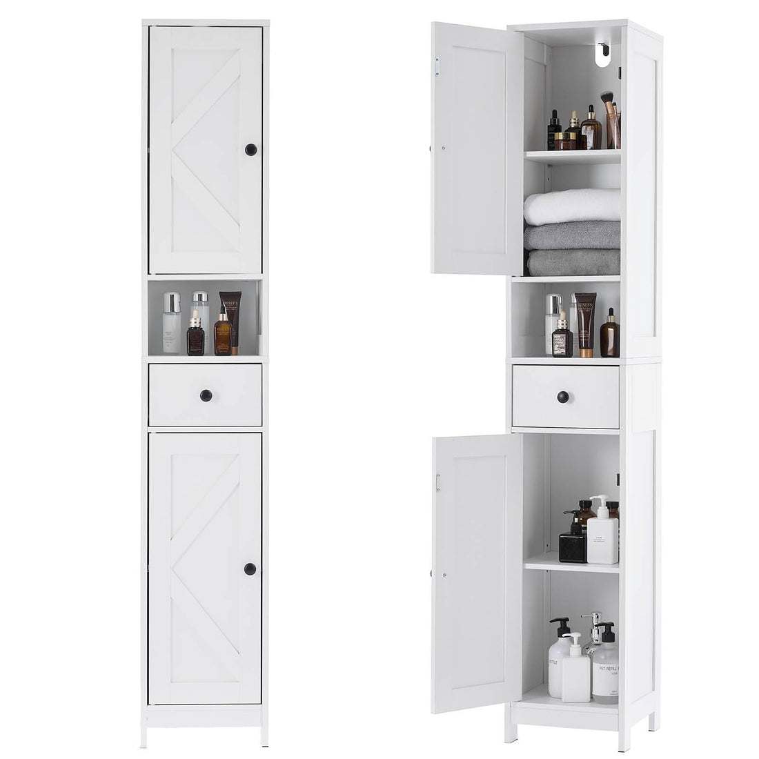 Armoire de salle de bain haute Garvee avec 2 étagères réglables, autoportante, en MDF durable, design blanc moderne, gain de place pour salle de bain et cuisine