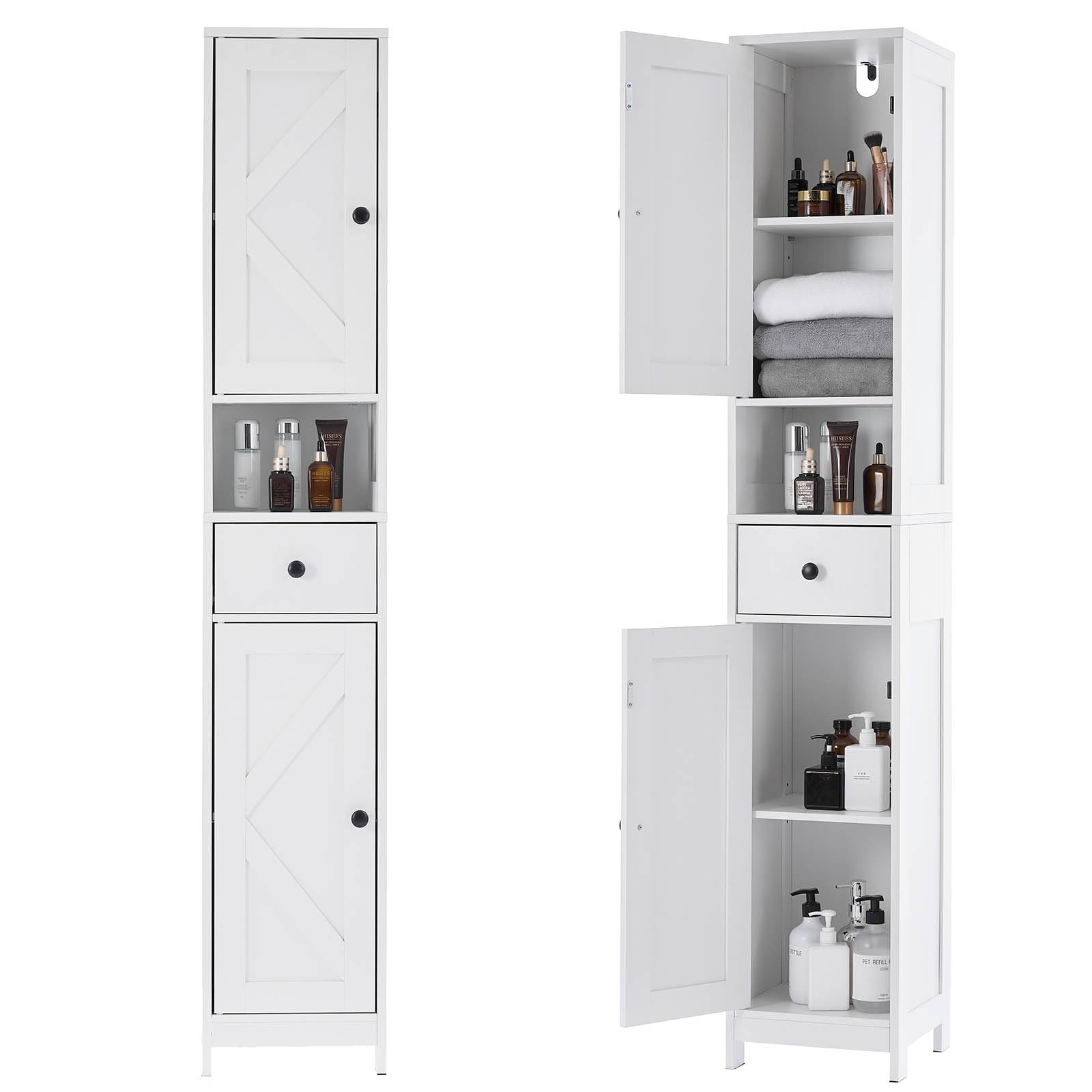 Armoire de salle de bain haute Garvee avec 2 étagères réglables, autoportante, en MDF durable, design blanc moderne, gain de place pour salle de bain et cuisine