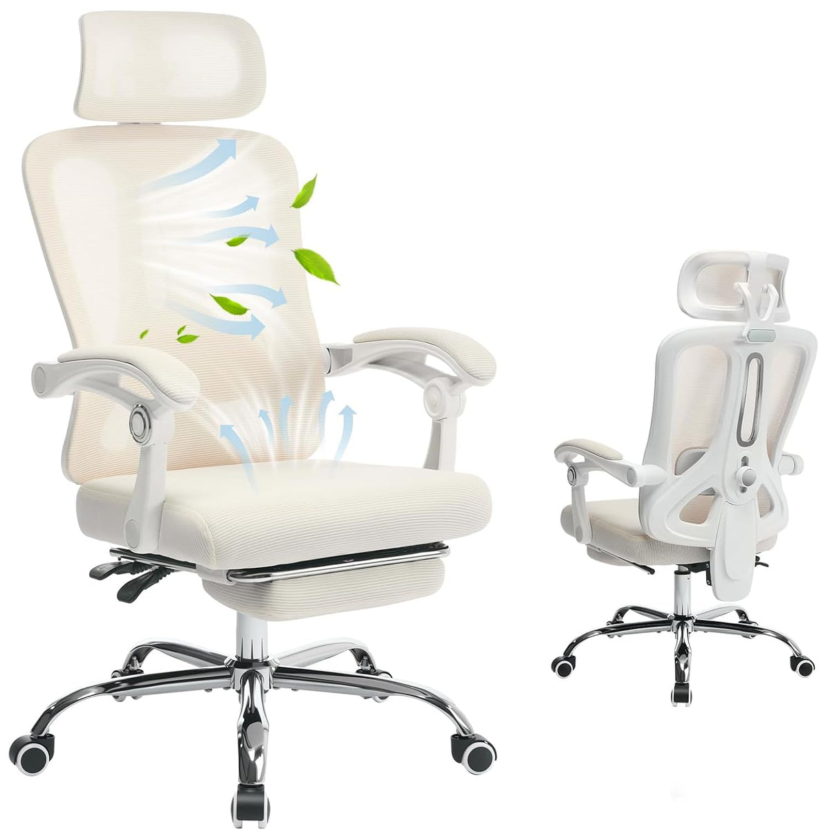 Garvee Chaise de bureau ergonomique avec appui-tête réglable, soutien lombaire et repose-pieds extensible, beige, hauteur réglable, maille respirante