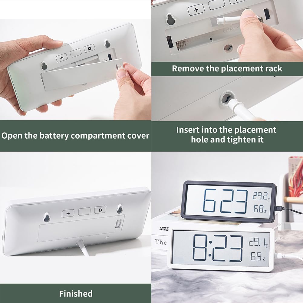 Réveil numérique Garvee 8 pouces – Horloge murale/de table LED avec affichage de la température et de l'humidité, ultra-mince, noir