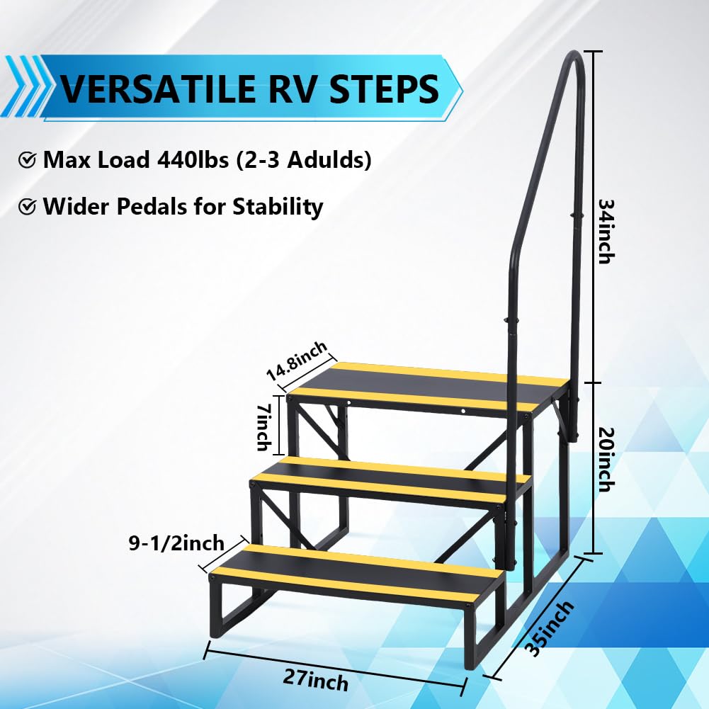 Garvee Escalier portable 3 marches avec rampe, bandes antidérapantes, métal robuste, pour camping-car, mobil-home, caravane, spa, piscine hors-sol, intérieur/extérieur