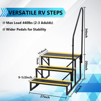 Garvee Escalier portable 3 marches avec rampe, bandes antidérapantes, métal robuste, pour camping-car, mobil-home, caravane, spa, piscine hors-sol, intérieur/extérieur