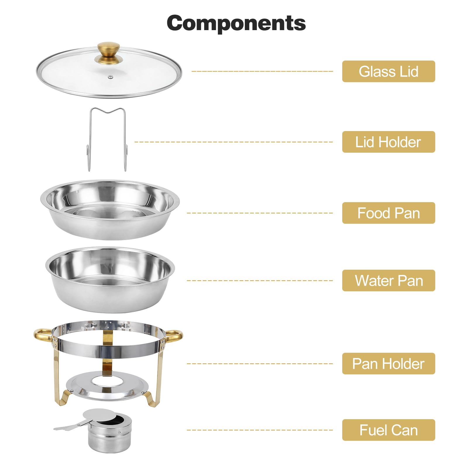 Garvee Lot de 4 chafing dishes ronds 4,7 L en acier inoxydable, couvercle en verre avec support, 42 × 41 × 28 cm, bords dorés, pour événements et camping