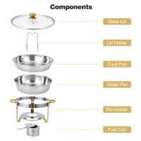 Garvee Lot de 4 chafing dishes ronds 4,7 L en acier inoxydable, couvercle en verre avec support, 42 × 41 × 28 cm, bords dorés, pour événements et camping