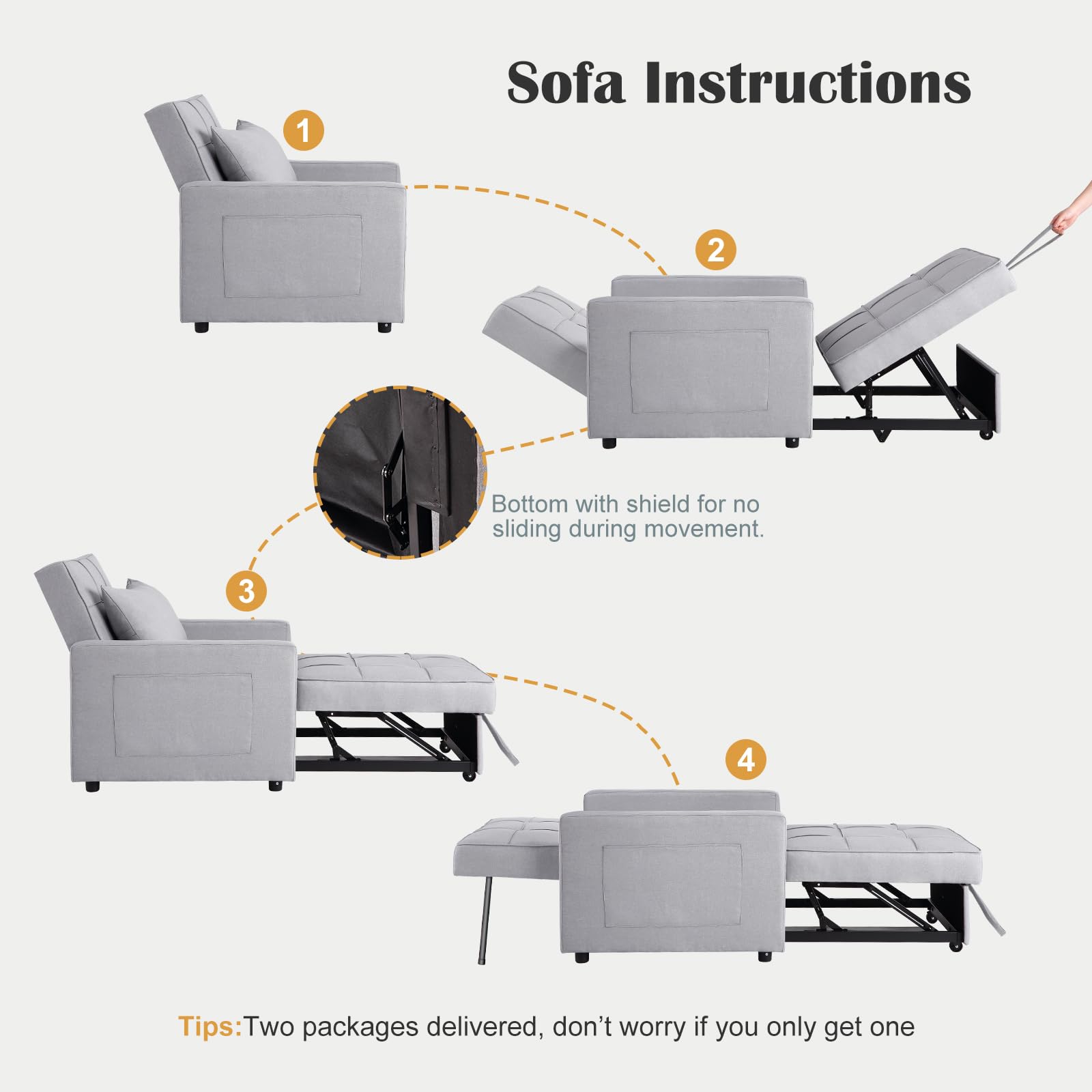 Canapé-lit/fauteuil convertible 3 en 1 Garvee, revêtement en lin, gain de place, 192 x 96 x 59 cm, gris