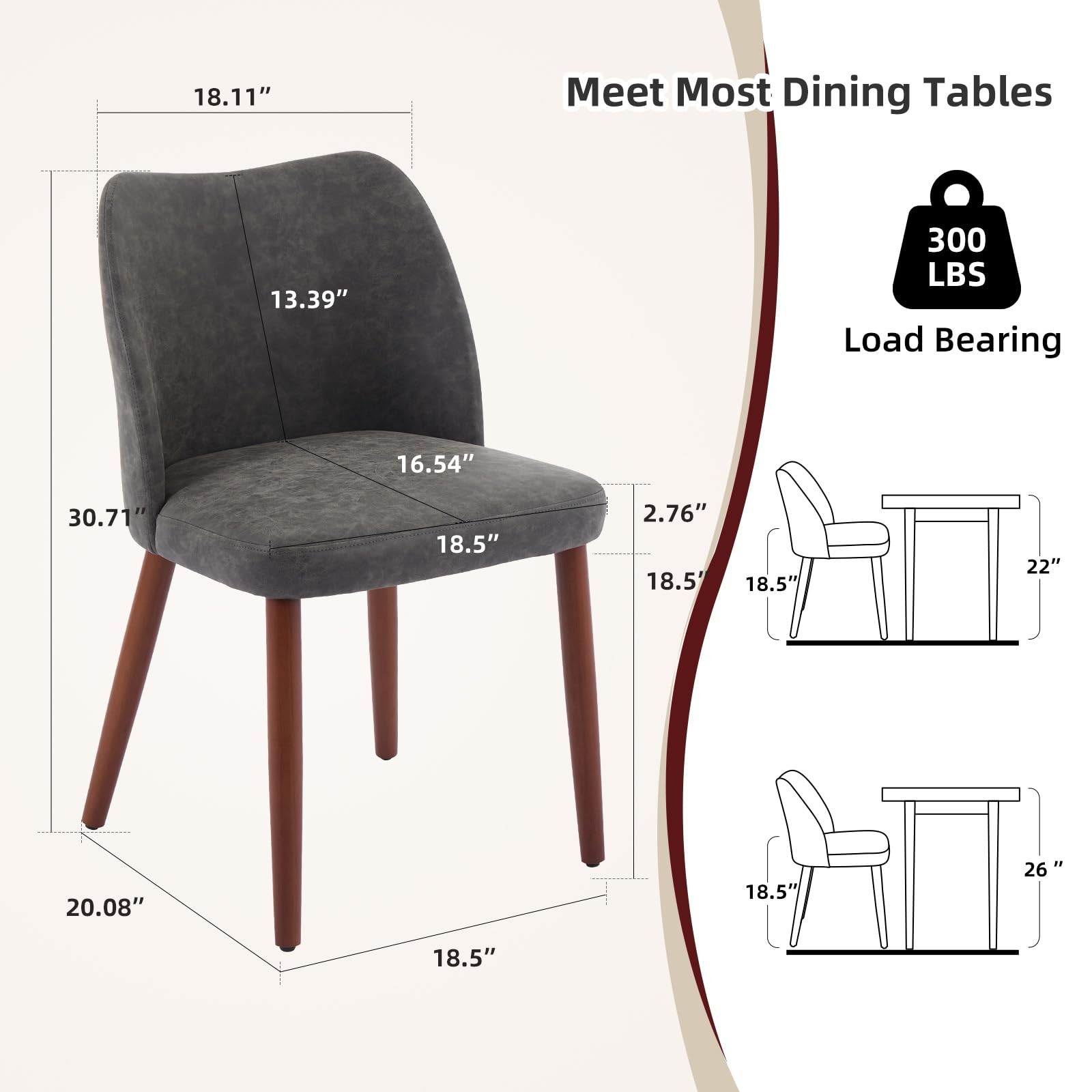 Chaises de salle à manger Garvee, lot de 2, revêtement en tissu et pieds en bois, pour restaurant/café, hauteur 78 cm, style moderne mi-siècle, gris