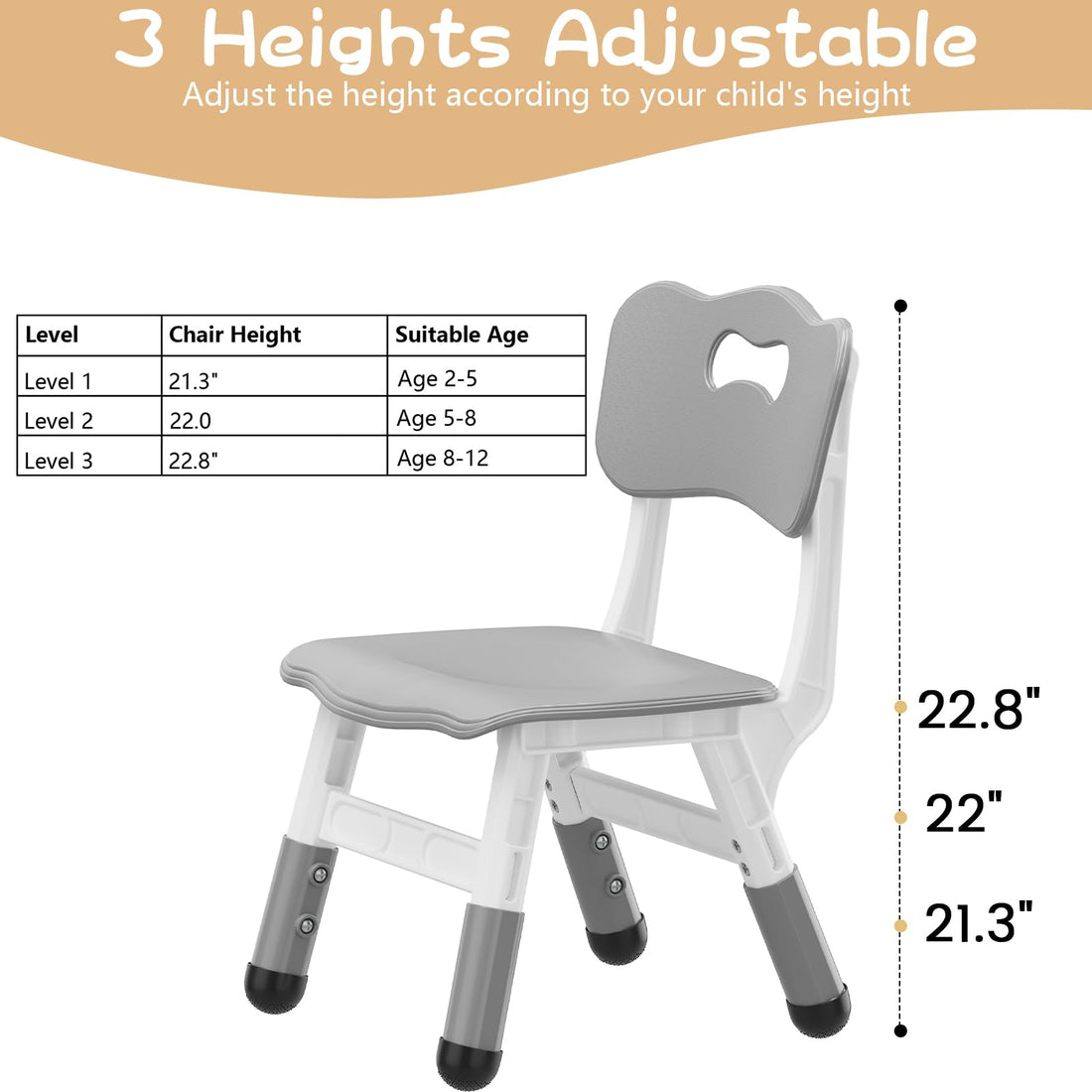 Garvee chaise enfant, réglable en hauteur (3 niveaux), en plastique robuste, pour garçons et filles, grise, lot de 2, pour la maison et l'école