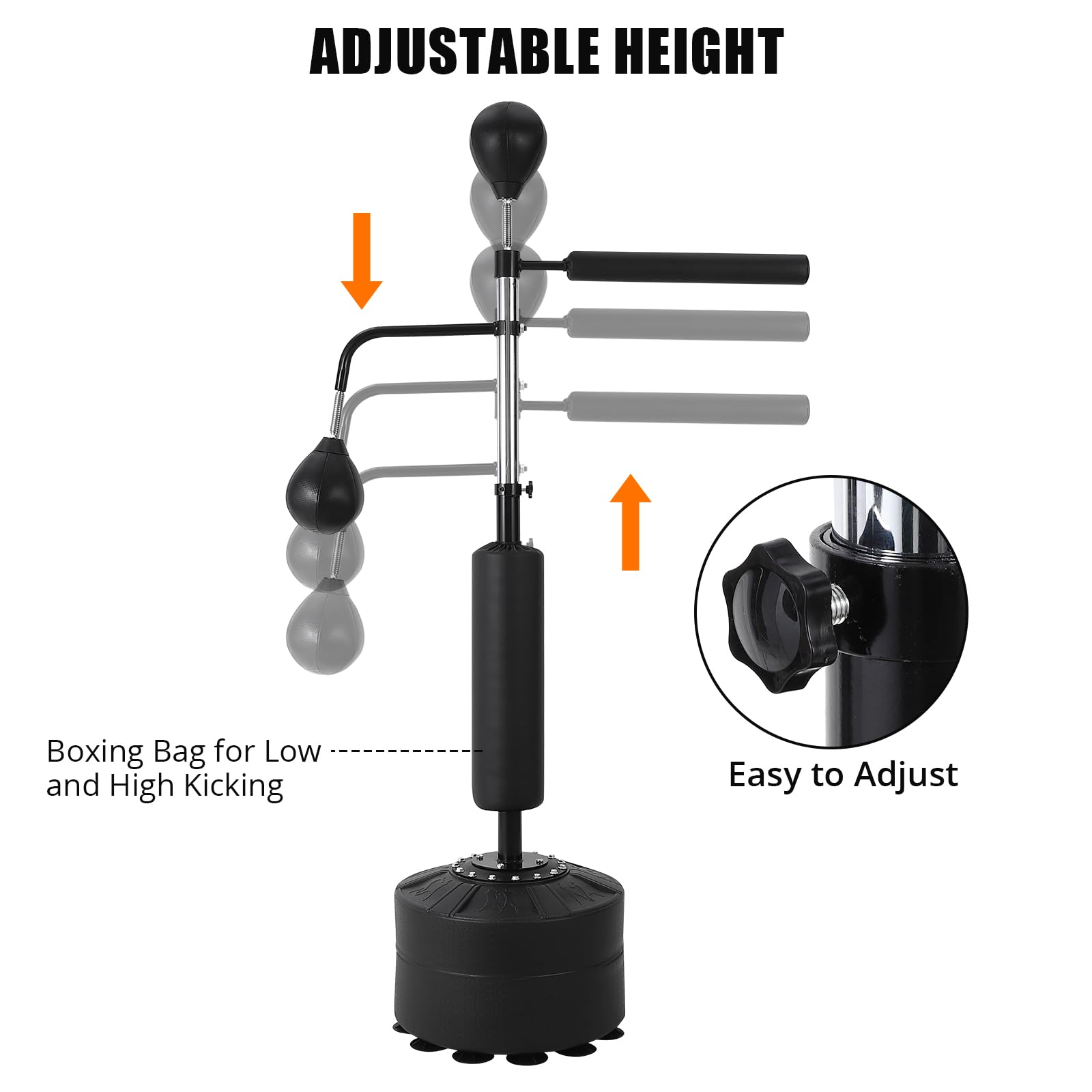 Sac de frappe autoportant Garvee 3-en-1 avec 2 balles de vitesse, rotation à 360°, hauteur réglable pour l'entraînement de kickboxing, matériau PU, noir