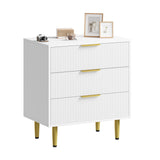 Commode cannelée Garvee, 3 à 6 tiroirs, bois MDF, poignées et pieds en métal, blanc, noir, naturel, vert, style moderne et minimaliste, pour chambre ou salon.