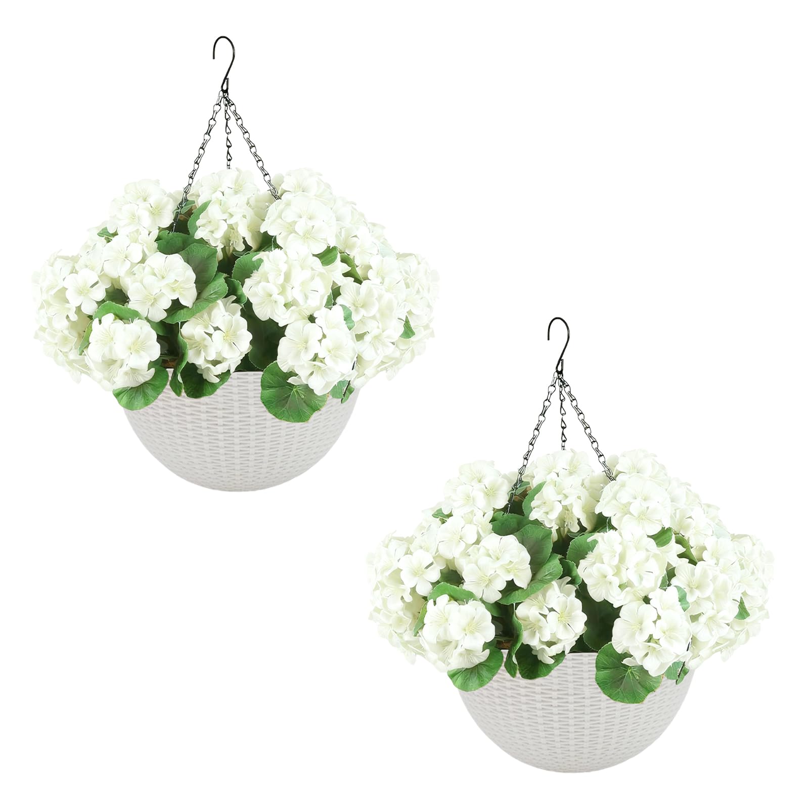 Ensemble de géraniums artificiels Garvee, résistant aux intempéries, 2 paniers, blanc, pour la décoration du jardin et de la terrasse