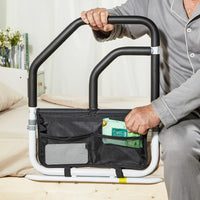 Barrière de lit de sécurité Garvee pour personnes âgées avec double main courante, sac de rangement, cadre en acier, noir, 68 x 63 x 62 cm