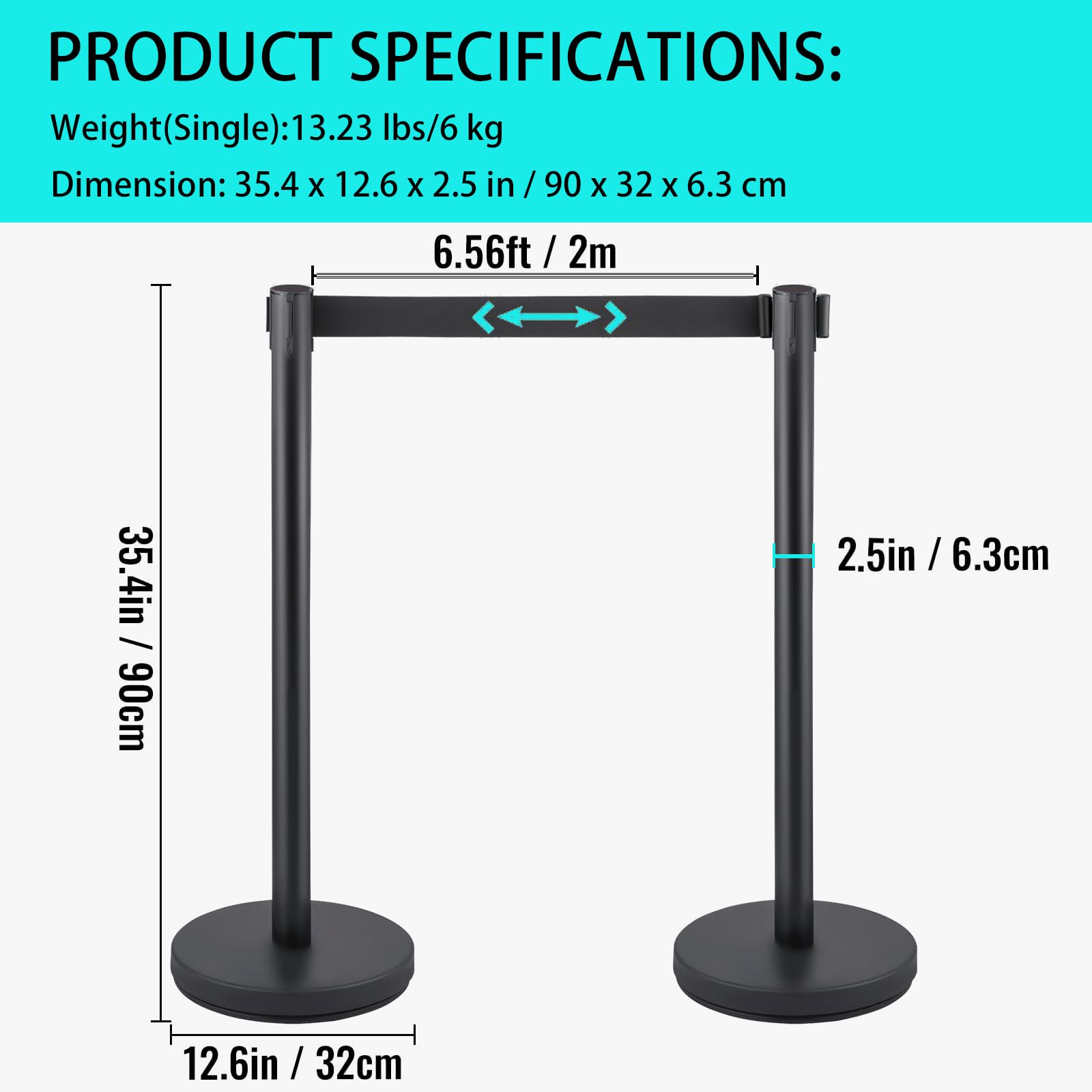Poteaux de contrôle de foule Garvee avec sangle rétractable de 2 m (6,56 pi), acier inoxydable et fer, noir, 91 cm (36 po), pour aéroports