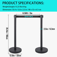 Poteaux de contrôle de foule Garvee avec sangle rétractable de 2 m (6,56 pi), acier inoxydable et fer, noir, 91 cm (36 po), pour aéroports