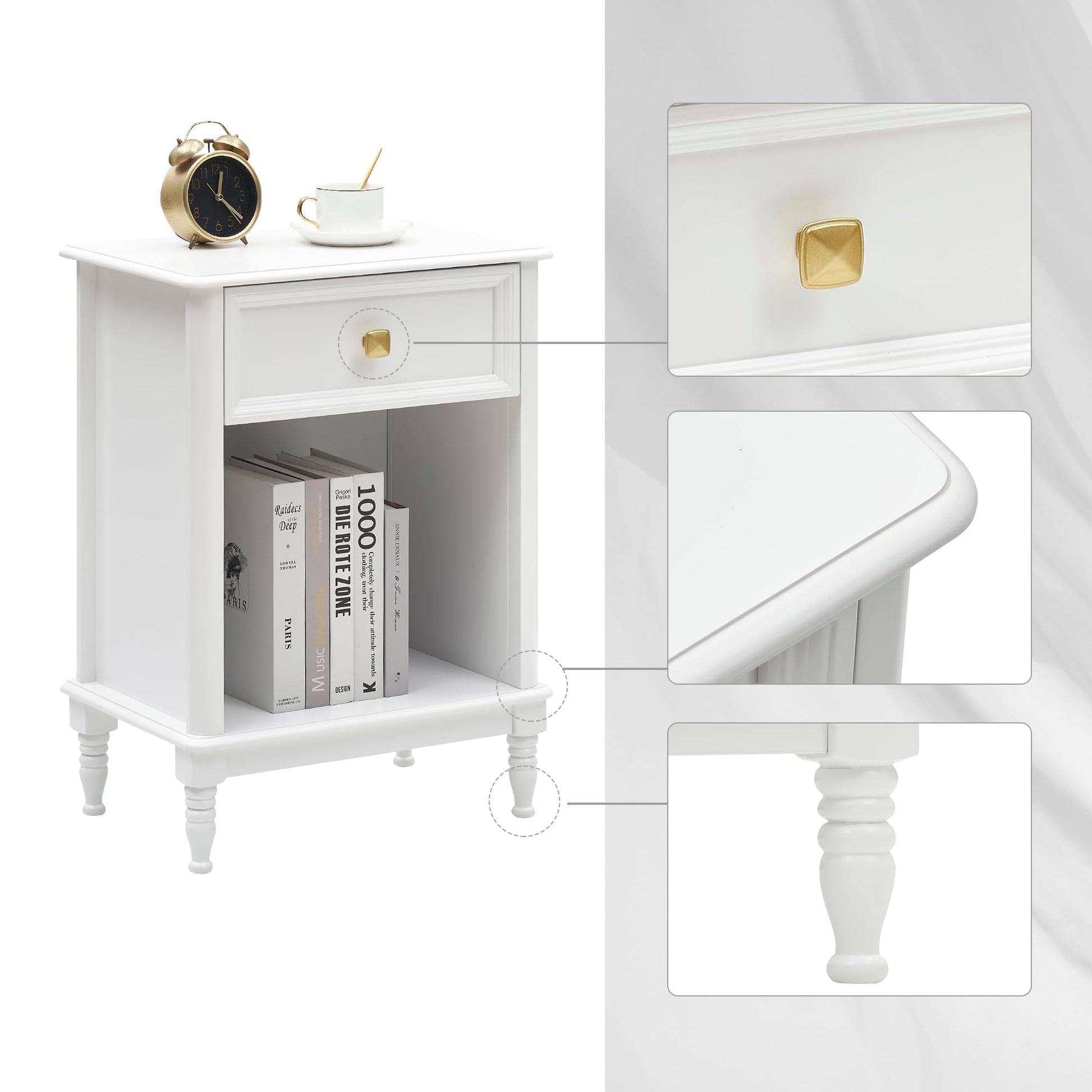 Ensemble de 2 tables de chevet Garvee blanches en bois avec tiroir et étagère pour chambre et salon, compactes et pratiques