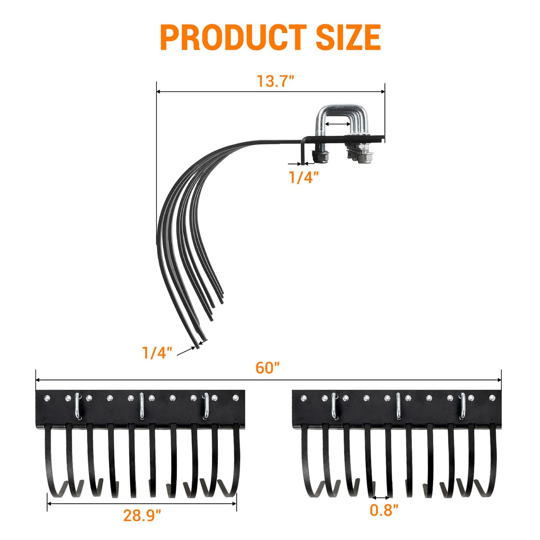 Garvee râteau de jardin 152 cm pour tracteur, ATV et UTV, 20 dents en acier au carbone, noir