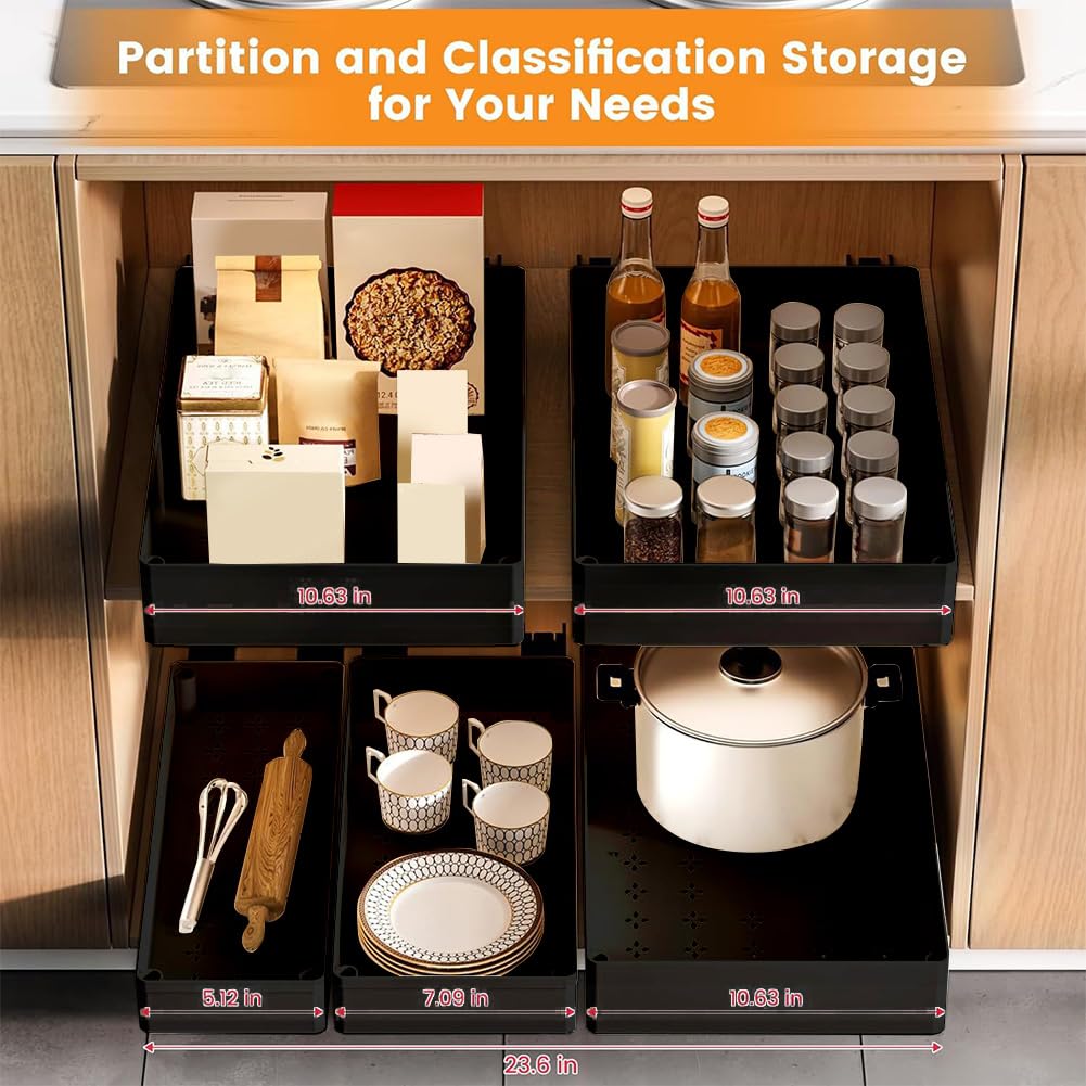 Organisateur de placard extensible Garvee avec glissières en acier, 3 tailles, rangement sous évier pour cuisine et salle de bain, facile à installer, différentes tailles