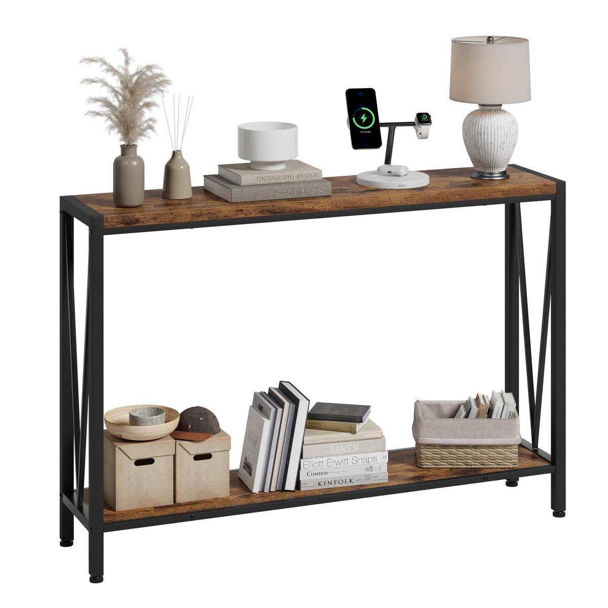 Garvee Console d’entrée étroite 110 x 25 x 76 cm, bois et métal, 2 niveaux avec rangement, style vintage, idéale entrée, salon et couloir.
