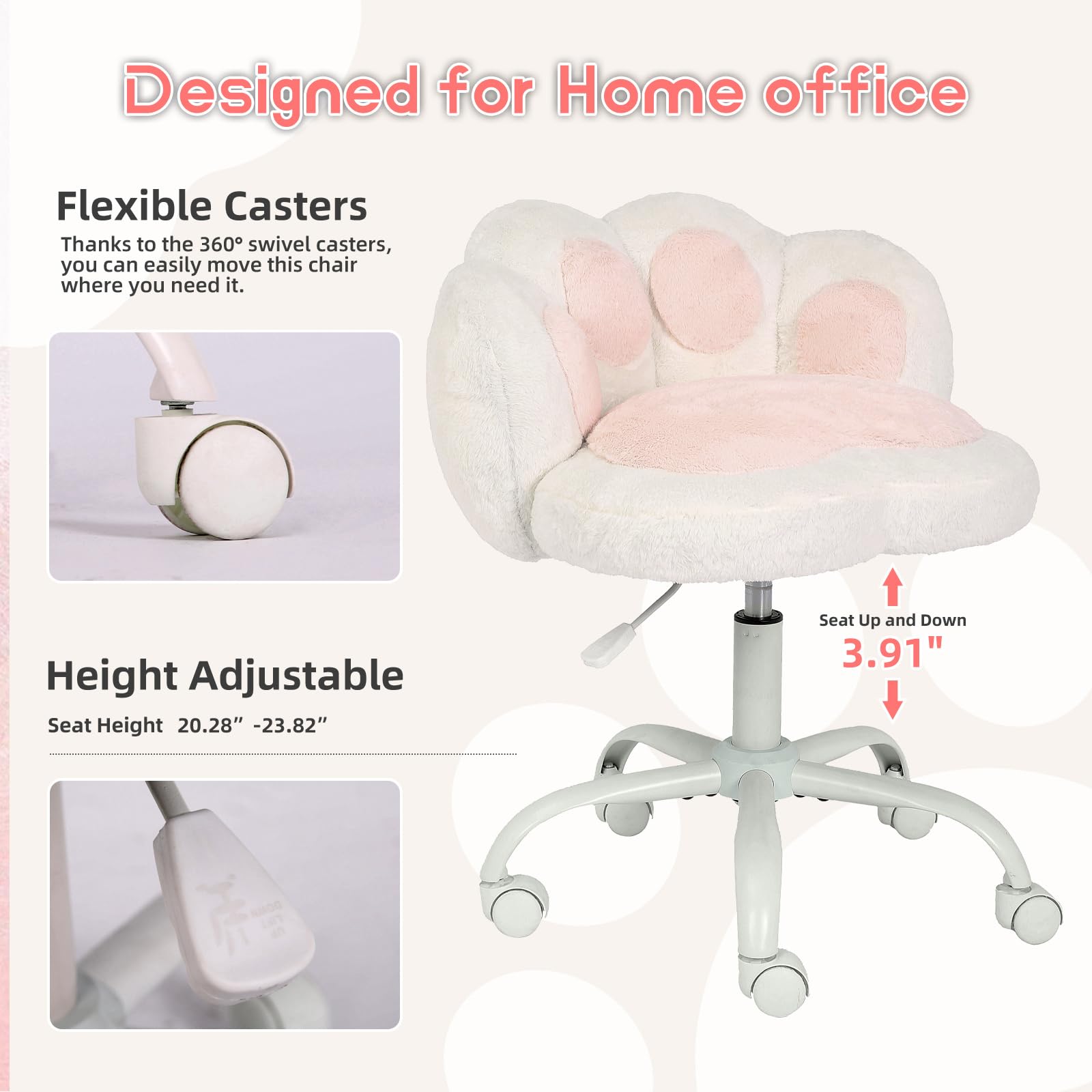 Chaise de coiffeuse Garvee à roulettes, pivotante à 360°, réglable en hauteur, coussin moelleux, structure en métal, dossier en forme de patte de chat, confortable et stable, grise, idéale pour le bureau et la chambre.