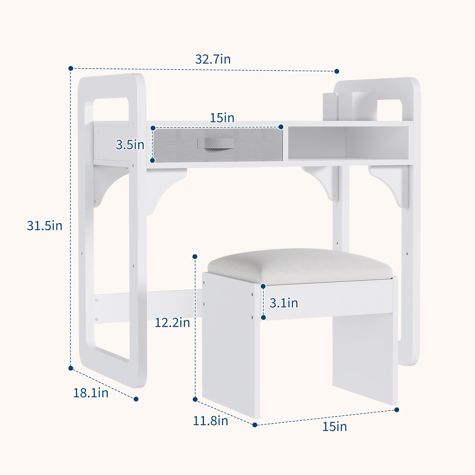Ensemble bureau et chaise pour enfants Garvee avec rangement, tabouret rembourré en PU, bois, robuste et durable, blanc, chambre et salle de jeux