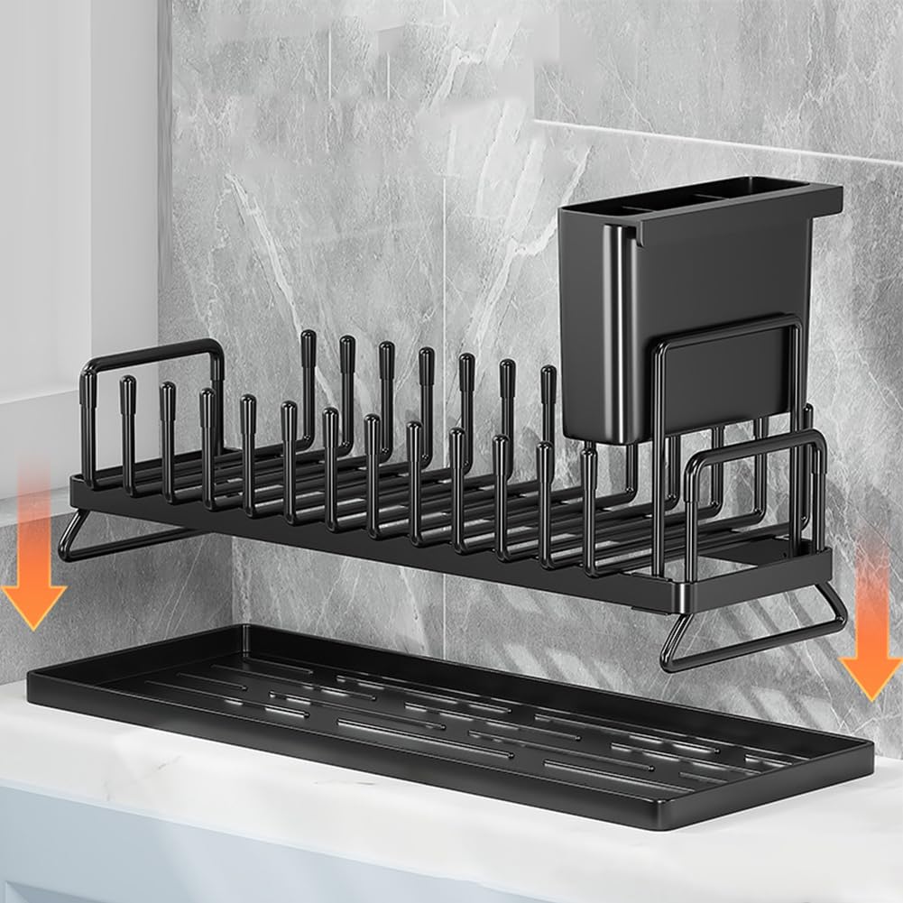 Égouttoirs à vaisselle multifonctionnels Garvee en acier au carbone (lot de 2) - Gain de place et réglables - Acier inoxydable - Pour évier de cuisine - Noir