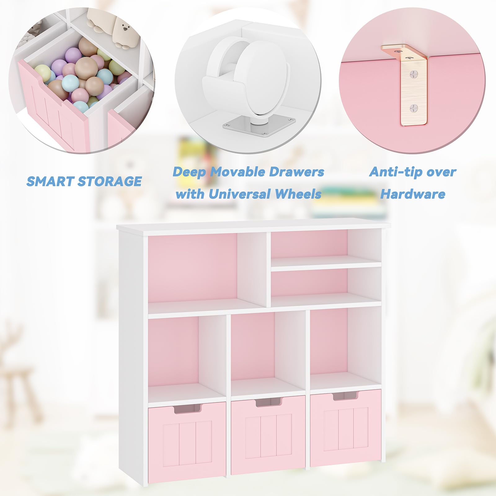 Étagère à jouets Garvee pour enfants avec 3 tiroirs, roulettes, MDF, rose, pour chambre et salle de jeux, polyvalente et sûre