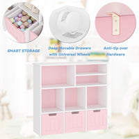 Étagère à jouets Garvee pour enfants avec 3 tiroirs, roulettes, MDF, rose, pour chambre et salle de jeux, polyvalente et sûre