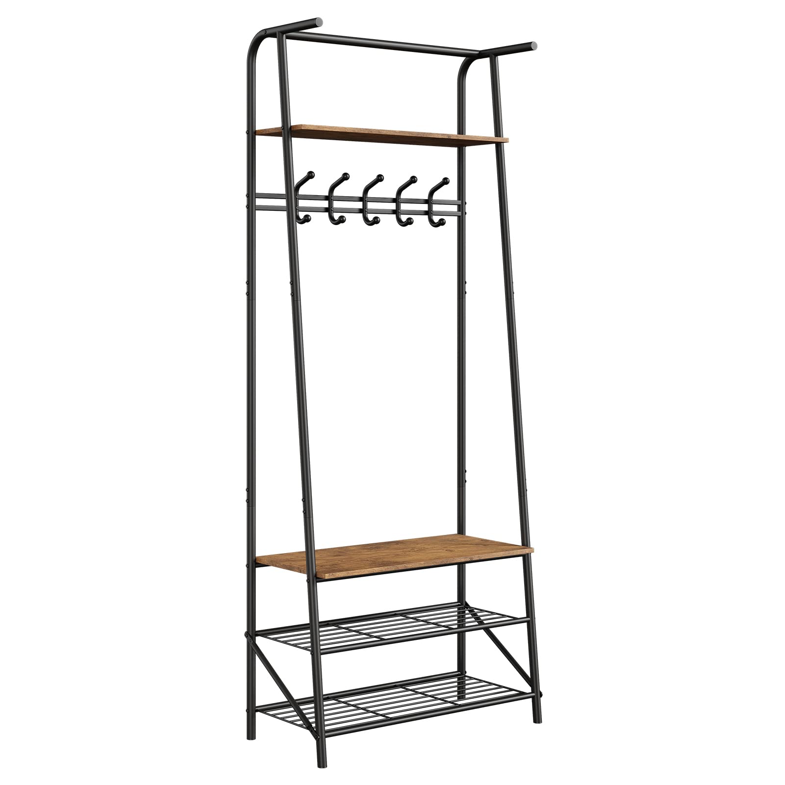 Banc d'entrée Garvee avec 5 crochets – Structure en métal, aspect bois, range-chaussures et siège 4 en 1 pour entrée et salon
