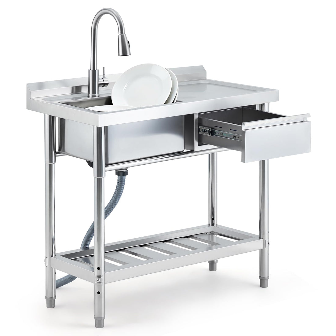 Garvee Évier commercial en acier inoxydable 99 x 50 x 94 cm avec robinet pivotant 360°, cuve profonde, tiroir de rangement et étagère réglable pour cuisine et buanderie