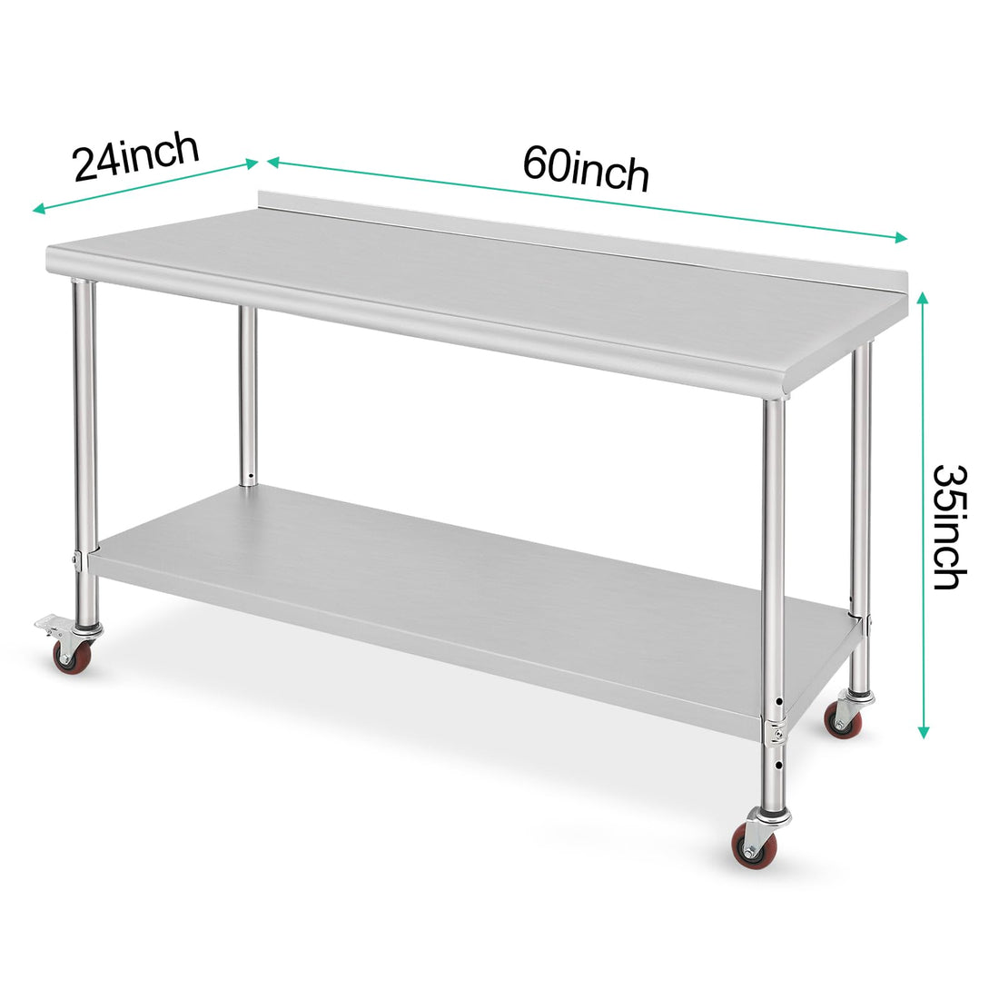 Garvee Table de travail en acier inoxydable, 152×61×89cm, avec roulettes et protection anti-éclaboussures, robuste pour commerciale et en cuisine