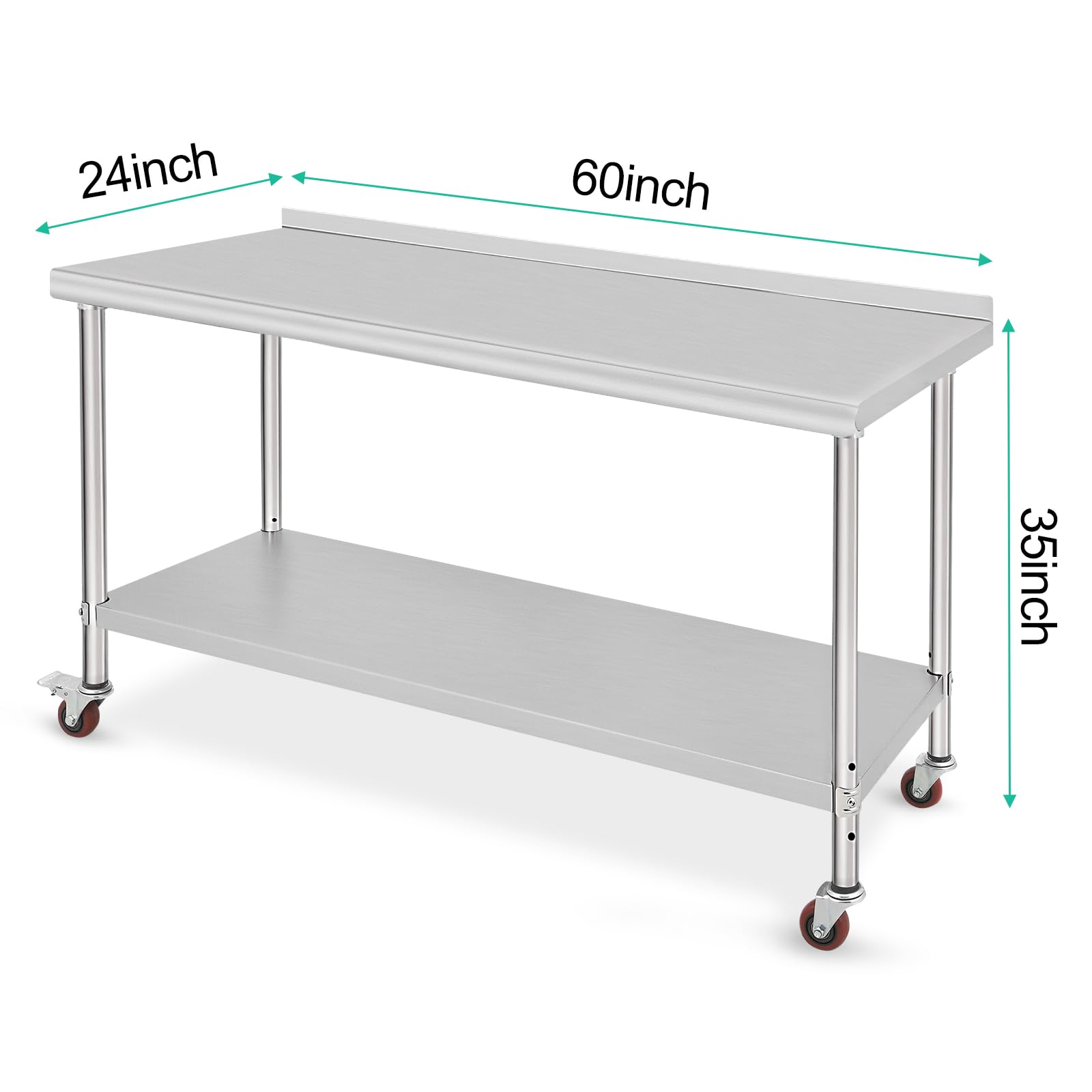 Table de travail Garvee en acier inoxydable – 152×61×89 cm, avec roulettes et protection anti-éclaboussures, robuste pour une utilisation commerciale et en cuisine