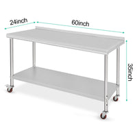 Table de travail Garvee en acier inoxydable – 152×61×89 cm, avec roulettes et protection anti-éclaboussures, robuste pour une utilisation commerciale et en cuisine