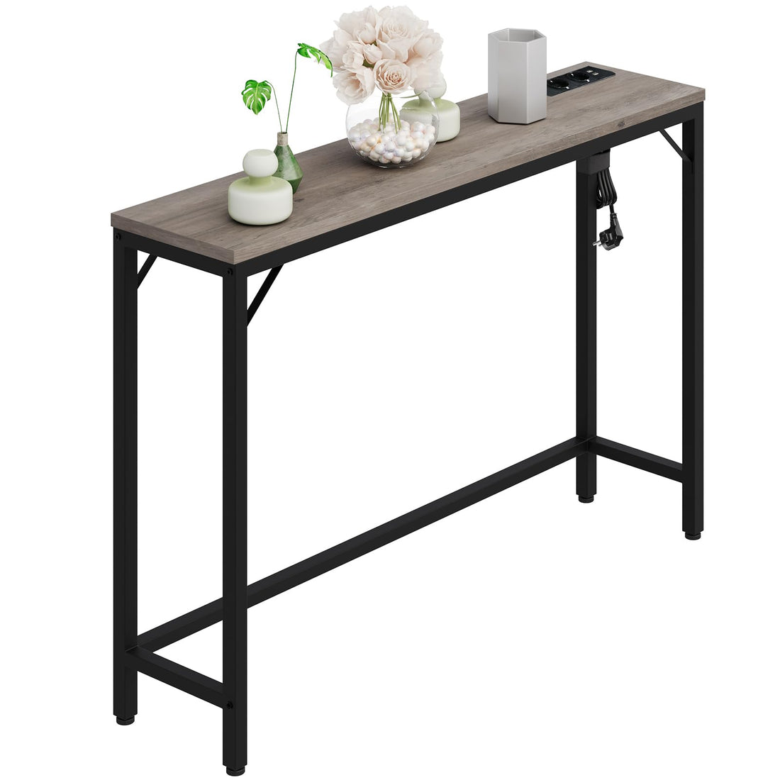 Console étroite GARVEE avec port USB, 100 x 23 x 80 cm, bois vieilli, marron et noir, pour entrée et salon
