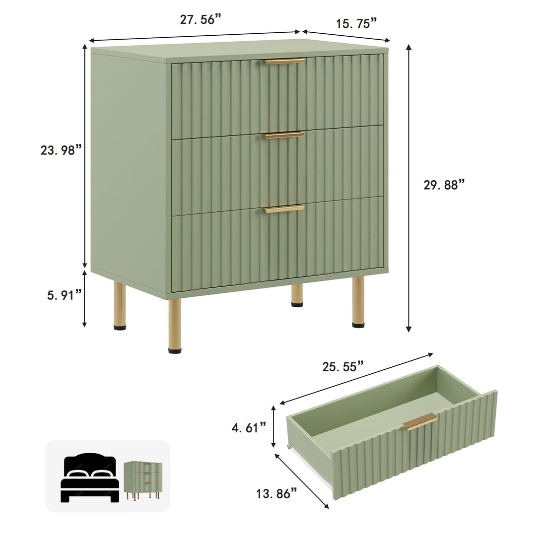 Garvee commode verte à 3 tiroirs, en bois à façade cannelée, pour la chambre et le salon, imperméable, sûre et écologique