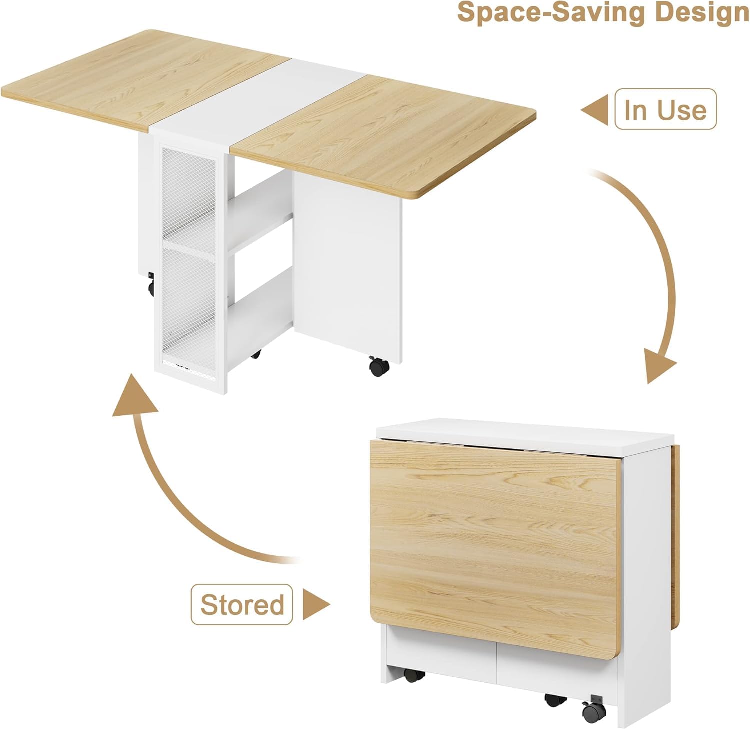 Garvee Table à Manger Pliante Blanche avec Rangement 2 Niveaux, Table de Cuisine Extensible à Rabats, Rectangulaire pour 4, Gain de Place