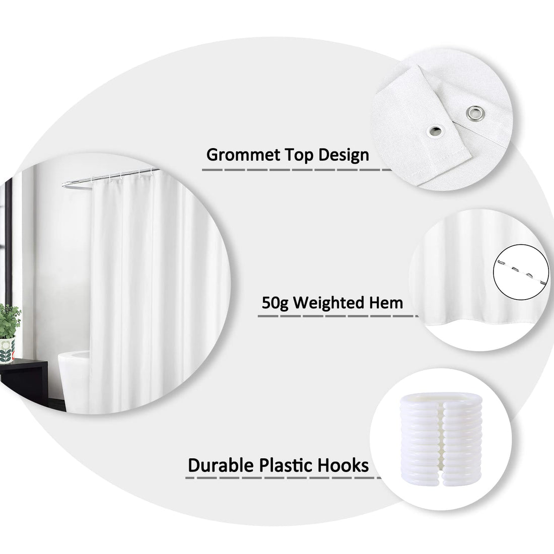 Garvee Rideau de douche , aspect lin 240 g/m², 180 × 213 cm, blanc, imperméable, lavable