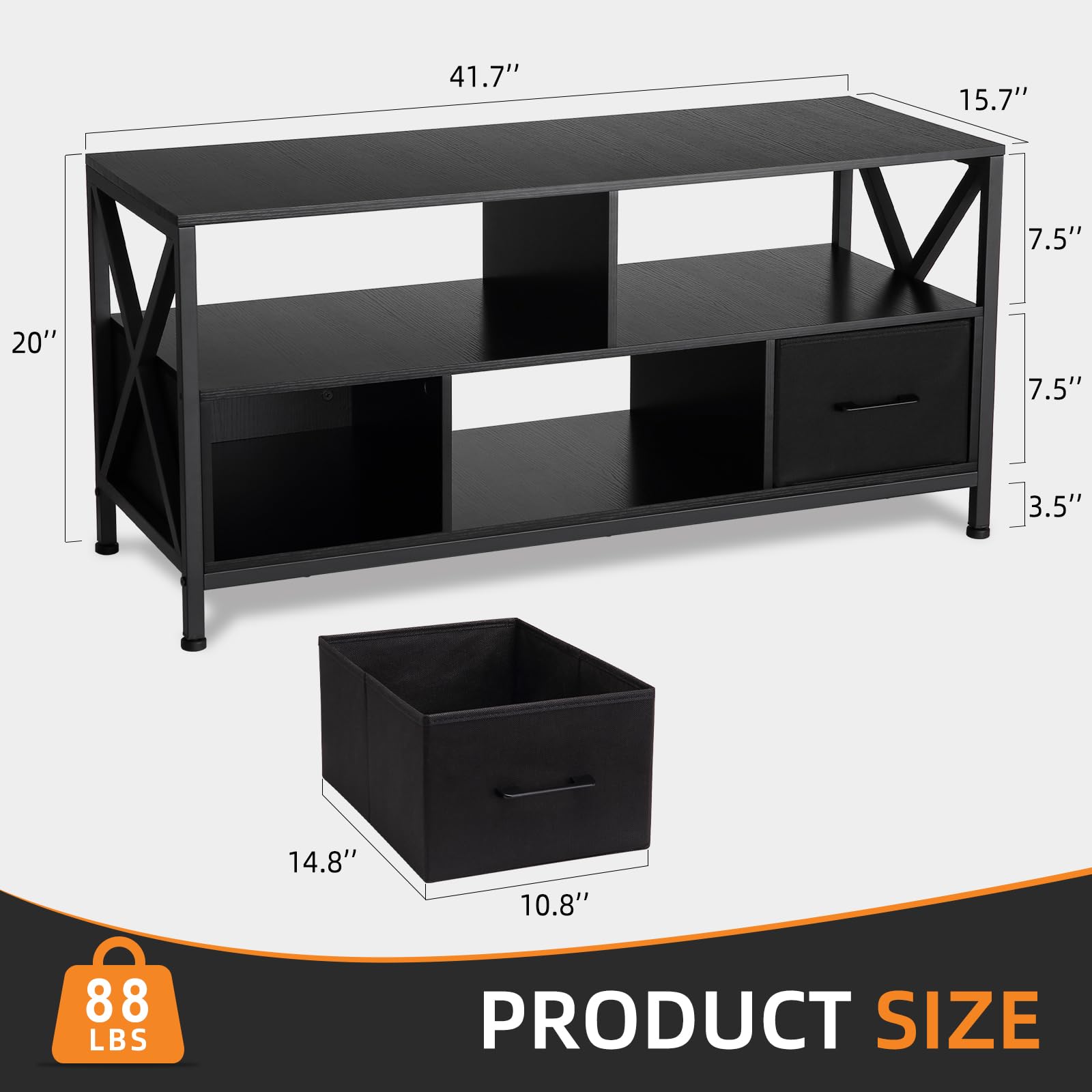 Meuble TV Garvee pour téléviseurs jusqu'à 50 pouces, avec 2 tiroirs en tissu et des étagères ouvertes, structure en acier, design moderne, noir, polyvalent.