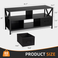 Meuble TV Garvee pour téléviseurs jusqu'à 50 pouces, avec 2 tiroirs en tissu et des étagères ouvertes, structure en acier, design moderne, noir, polyvalent.