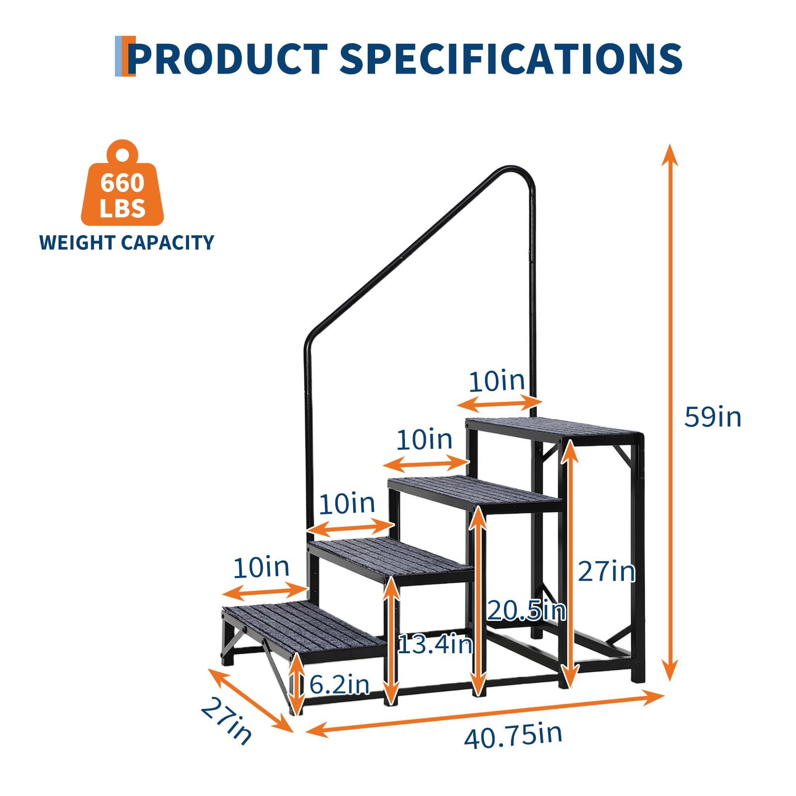 Escalier Garvee à 4 marches pour VR avec rampe, tapis antidérapants, capacité de charge de 300 kg, acier, portable, pour caravanes et piscines, montage rapide