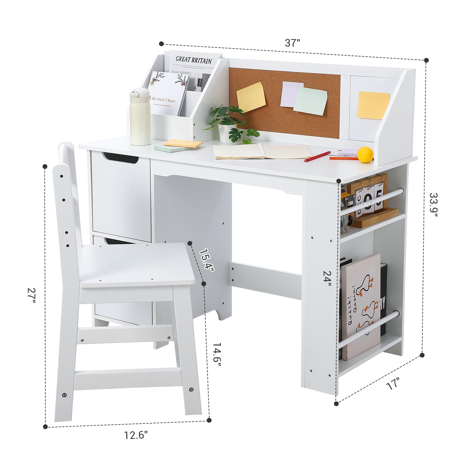 Ensemble bureau en bois Garvee pour enfants avec rangement, tableau d'affichage et chaise ergonomique pour la maison et l'école, blanc