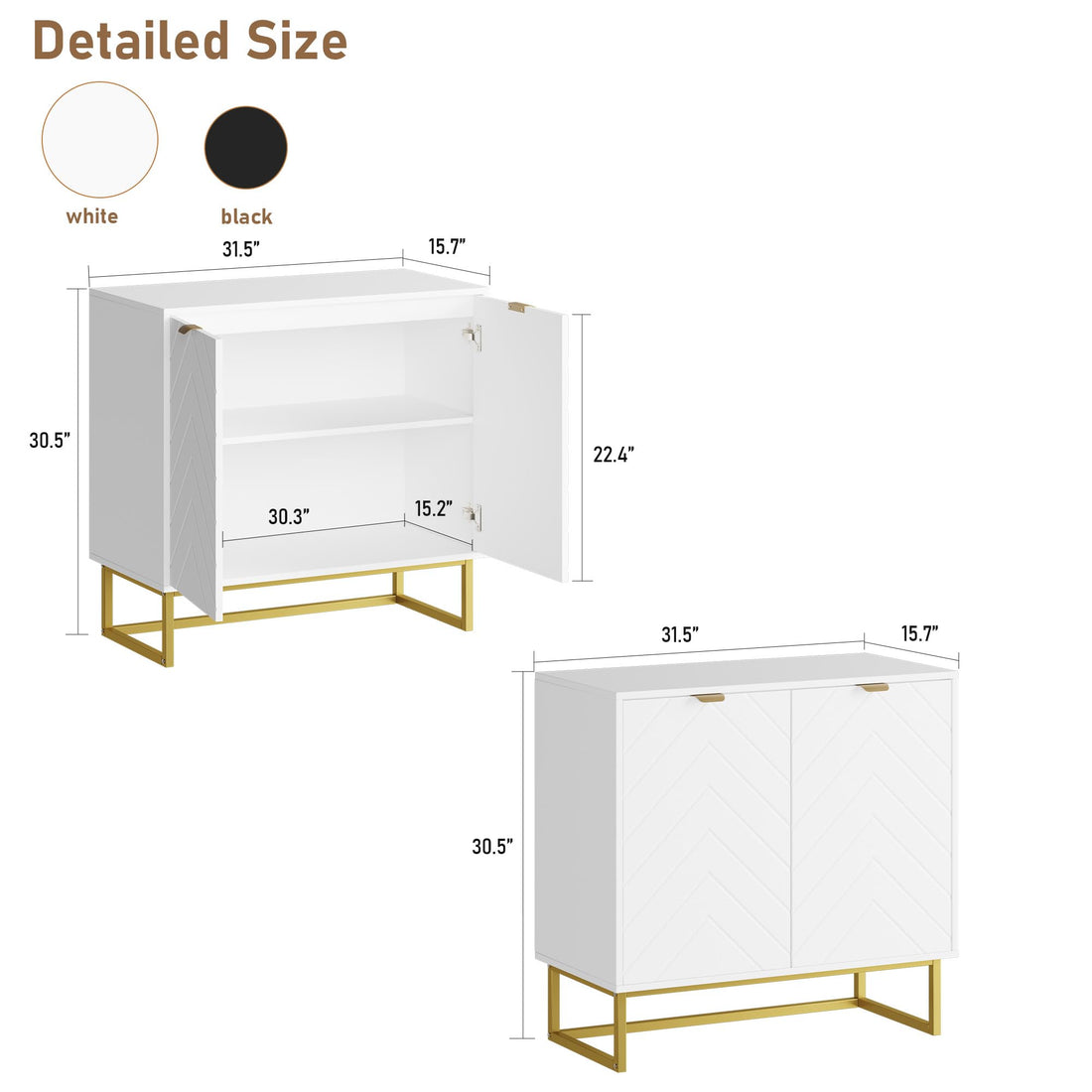 Buffet moderne Garvee, portes à chevrons de 80 cm, poignées dorées, étagère réglable, bois et métal, polyvalent pour salle à manger et couloir.