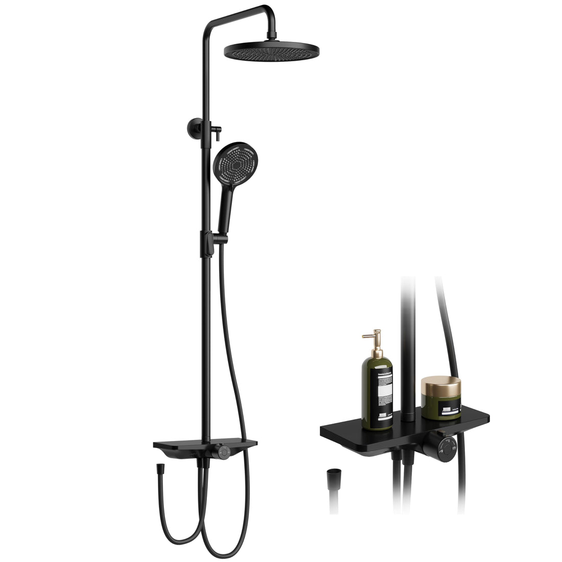 Garvee Colonne de douche réglable 3 sections en acier inoxydable 201, pommeau 24,5 cm, douchette 3 jets, design concave en TPR, noir, salle de bain moderne