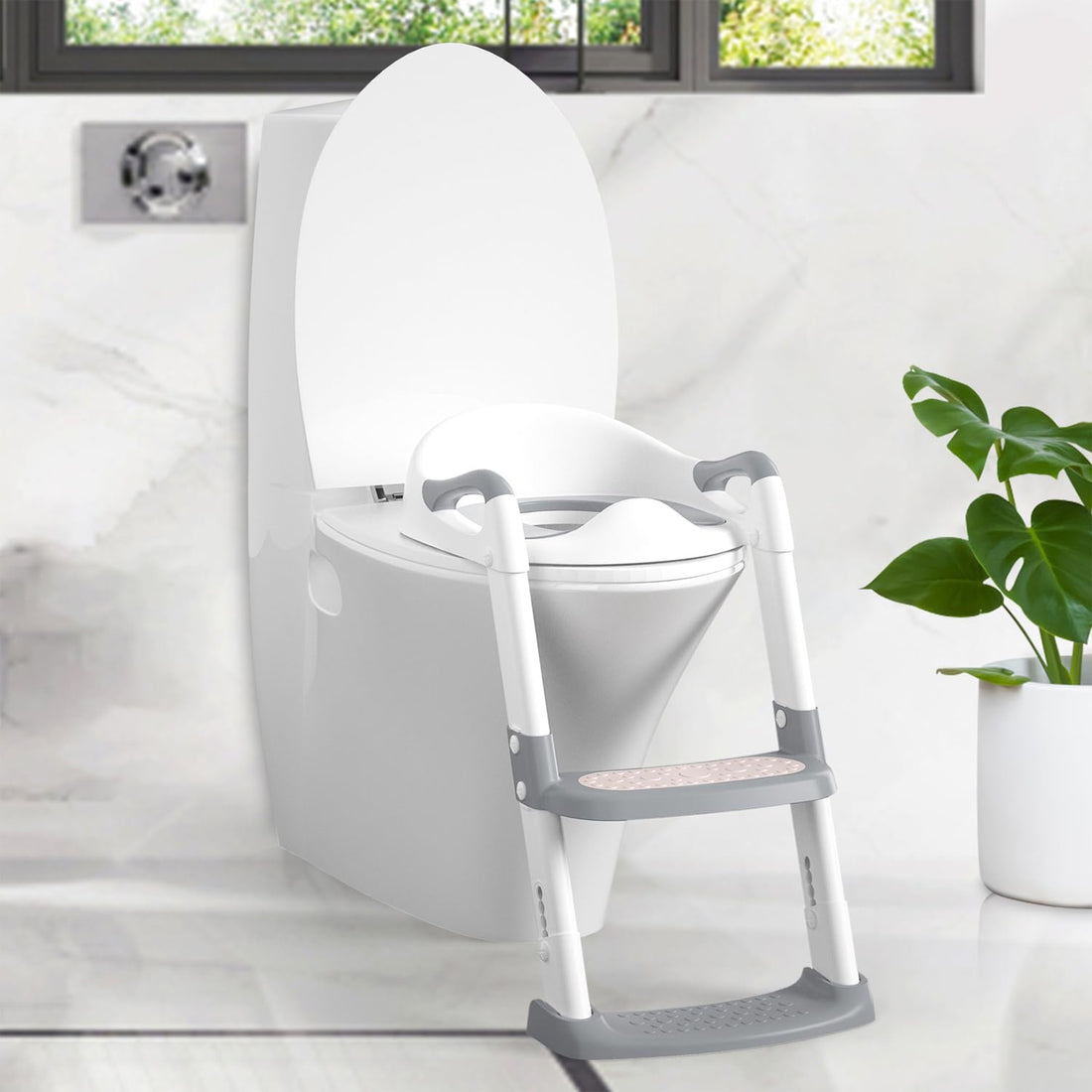 Siège de toilette enfant Garvee avec marchepieds, hauteur réglable, pliable, rembourré en PU, antidérapant, pour garçons et filles, blanc