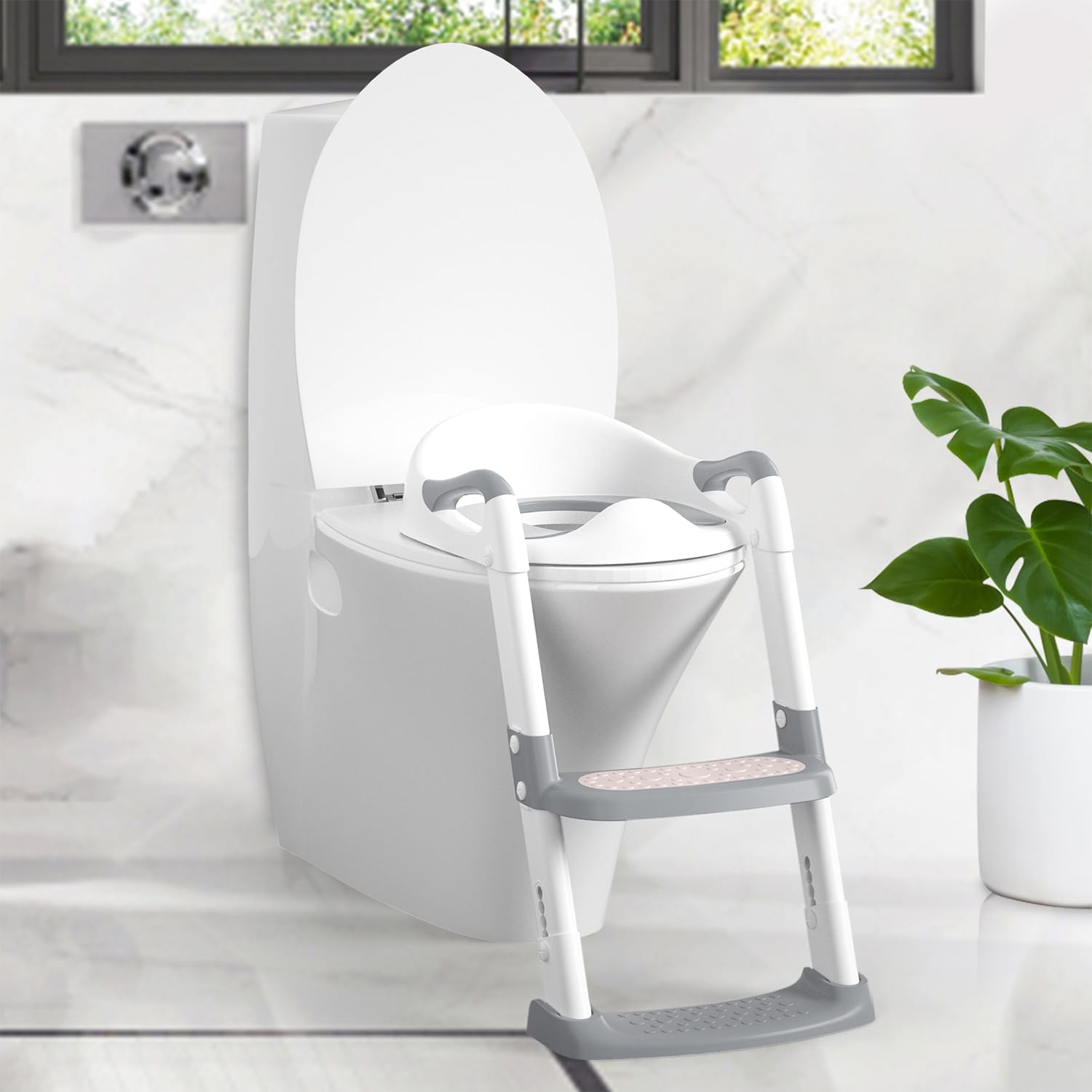 Siège de toilette enfant Garvee avec marchepieds, hauteur réglable, pliable, rembourré en PU, antidérapant, pour garçons et filles, blanc