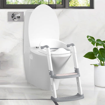 Siège de toilette enfant Garvee avec marchepieds, hauteur réglable, pliable, rembourré en PU, antidérapant, pour garçons et filles, blanc