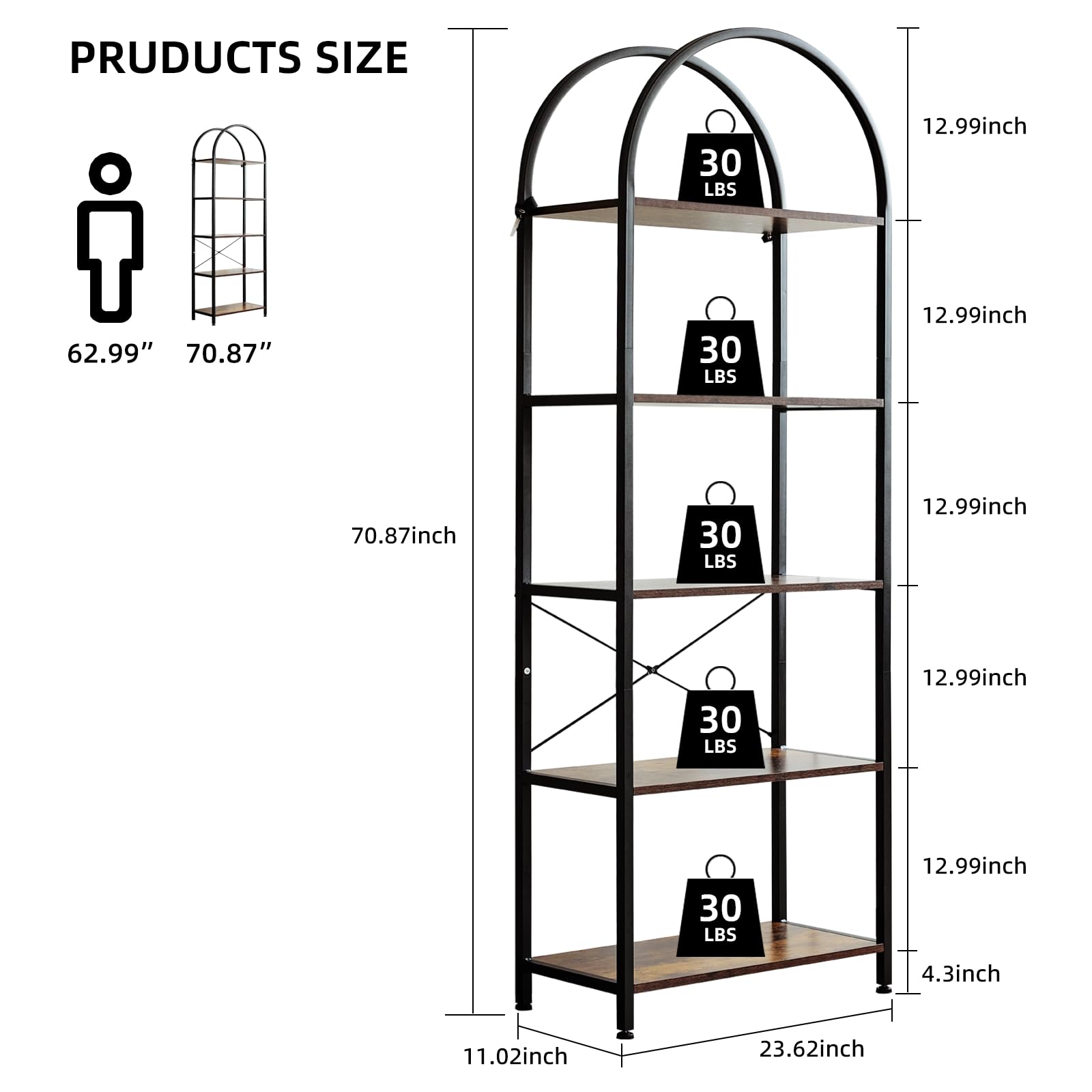 Garvee Bibliothèque à 5 niveaux avec arche, structure métallique robuste, grandes étagères en bois pour salon et bureau, 180×60×28cm, noir moderne
