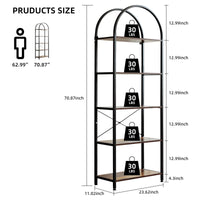 Garvee Bibliothèque à 5 niveaux avec arche, structure métallique robuste, grandes étagères en bois pour salon et bureau, 180×60×28cm, noir moderne