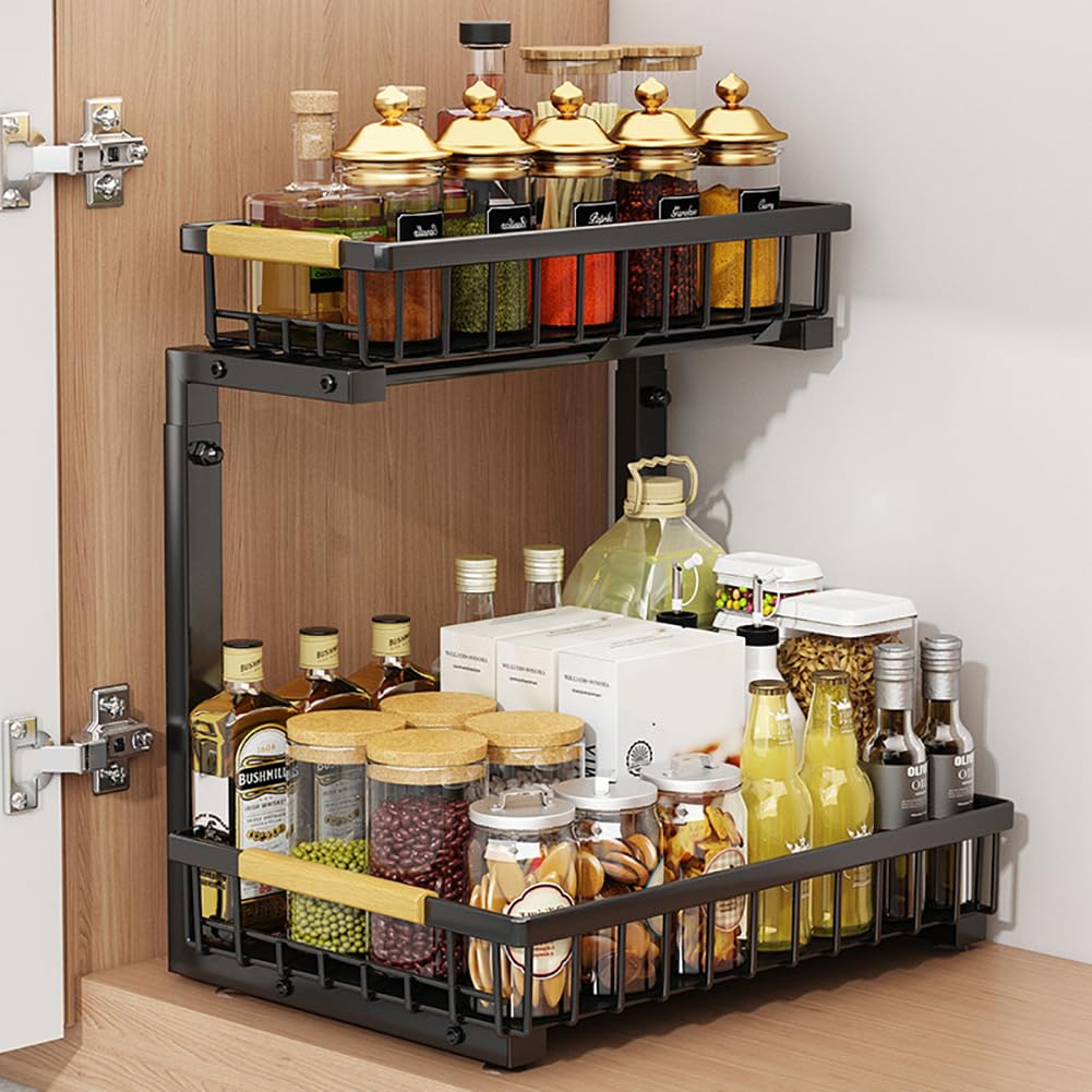 Organisateur sous évier Garvee en forme de L avec étagère coulissante à 2 niveaux pour cuisine et salle de bain, hauteur réglable, antirouille, acier au carbone