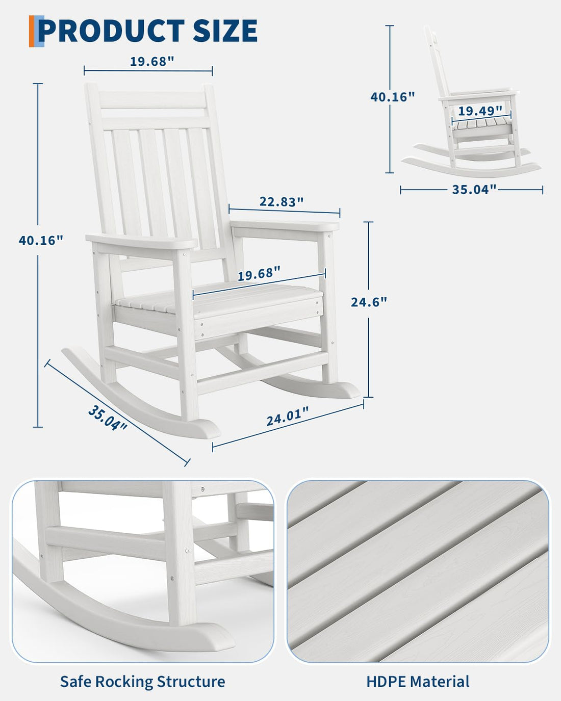 Garvee Fauteuil Adirondack à bascule en PEHD effet bois, dossier haut, résistant aux intempéries, charge 172 kg, blanc, jardin et terrasse